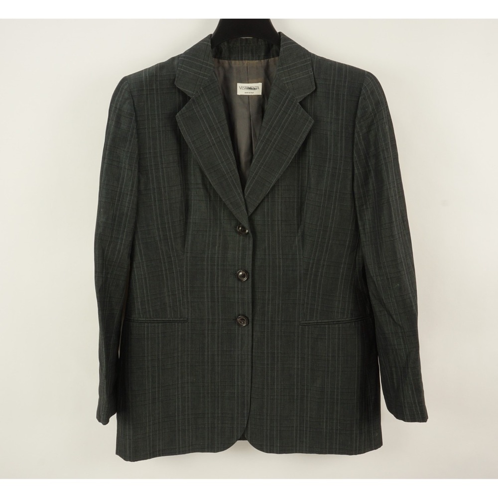 Vintage Vestimenta Italy Wool & Linen Men's 38R Dark Gray Plaid Woven Sport Coat